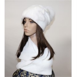 Комплект шапка+снуд "Бини с бусинами" мех норка, цвет белый
