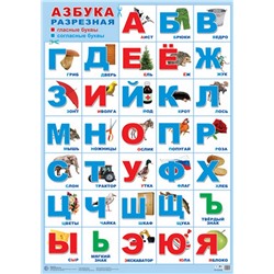 Плакат А2. Азбука разрезная (с картинками, в голубой рамке)