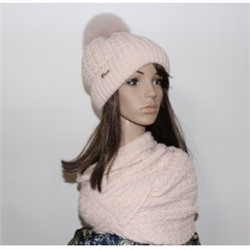 Комплект шапка+снуд "Елена" цвет розовый жемчуг, с натуральным помпоном