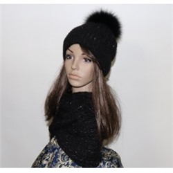 Комплект шапка+снуд "Елена" цвет черный , с натуральным помпоном