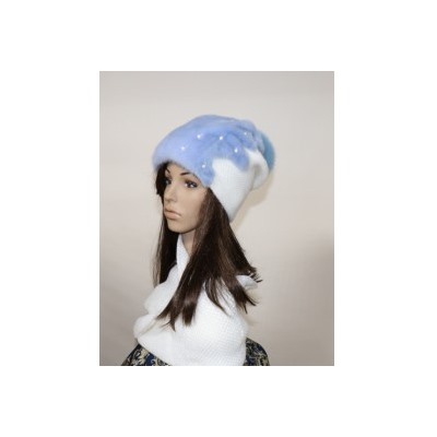 Комплект шапка+снуд "Бини с бусинами" мех норка, цвет голубой