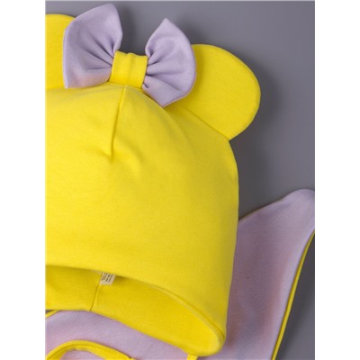 Шапка трикотажная для девочки с ушками на завязках, сверху бант + нагрудник, желтый и сиреневый