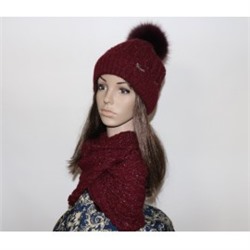 Комплект шапка+снуд "Елена" цвет бордо, с натуральным помпоном
