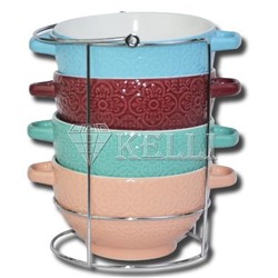 KL-390 Набор керамическиx супниц с ручками из 4 предметов на подставке KELLI