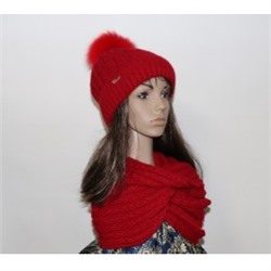 Комплект шапка+снуд "Елена" цвет красный, с натуральным помпоном